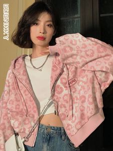 Roze Sweatshirts jas vrouwen Luipaardprint Y2K Harajuku Oversized Hoodies Preppy Stijl Vintage Rits Cropped Top Leuke Jassen 240109