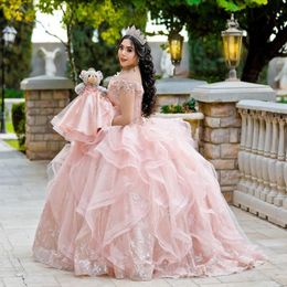 Pink Sweet 16 Quinceanera Dress Sexy Off Shoulder Apliques Lentejuelas Flores Princess Party Dress Vestidos De 15 Anos