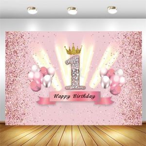 Pink Sweet 1th Pograp Fackdrop Crown Baby Shower Born Girls Happy Birthday Part Po PO Banner 220614