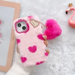 Pink Sweet Love Hart Rabbit Fur Soft Phone Case Cases voor iPhone 14 13 12 11 XR XS Max 6 7 8 Plus iPhone14 Girl Mooie warme telefoon achteromslag Case
