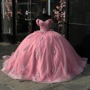Robe de bal rose chérie perlée sur l'épaule robe de Quinceanera princesse robes de corset appliques dentelle Tull robes De 15 Anos