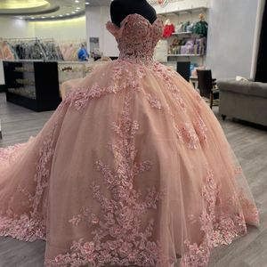 Roze lieverd baljurk Quinceanera jurk voor meisjes kralen verjaardagsfeestjes jurken prom jurken 3d bloemenvestido de 15 anos 0417