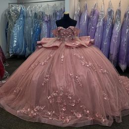 Robe De bal rose chérie Quinceanera robes 2024 dentelle Appliques fleurs perles volants doux 16 robe robes De XV 15 Anos