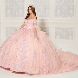 Roze lieverd baljurk Quinceanera jurken beroemdheden feestjurken applique kant met cape afstuderen Vestido 15 anos gewaad de