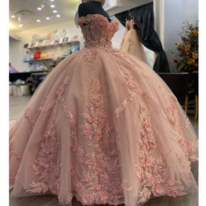 Robe de bal rose chérie robes de Quinceanera hors de l'épaule 16 fête 3D fleur cendrillon 16 robes de princesse robes de 15