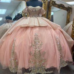 Pink Sweetheart Bling Pargin Sweet 16 Quinceanera -jurken met applique kanten kralen Corset Dress Vestidos de 15 anos masquerade xv