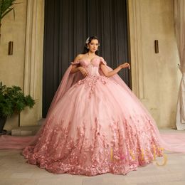 Vestidos De quinceañera con apliques elegantes, escote corazón rosa, vestido De baile con lazo con cuentas y capa, Vestidos De 15 anos, dulce 16