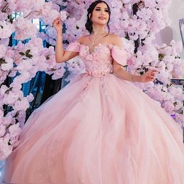 Pink Sweetheart Princess Quinceañera Vestidos Peach Off Hombro 3D Floral Crystal Beads Corsé con cordones Prom Sweet 16 Vestido De 15 Anos
