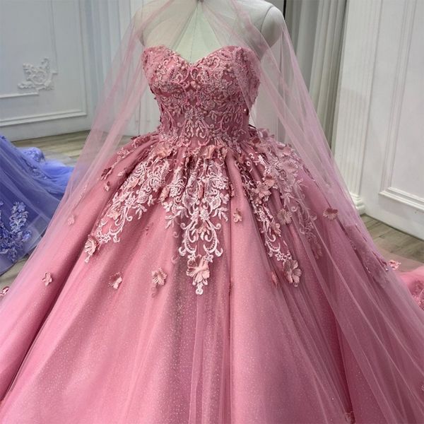 Rose Chérie Princesse Quinceanera Robes 3D Floral Applique Perlée Broderie Avec Cape À Lacets Balayage Train Bal bestidos de 15