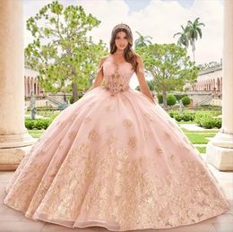 Roze lieverd Quinceanera -jurk 2024 Gouden bloemen bloemen kralen prinses baljurk zoet 15 Vestidos de xv anos feestjurk