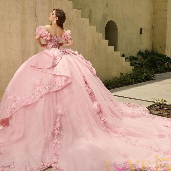 Rose chérie Quinceanera robe robe de bal princesse forme chapelle train perles appliques dentelle fleur douce 15 16 robe de fête d'anniversaire