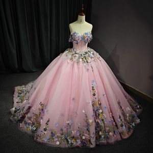Pink Sweetheart Quinceanera Dress Party Jurk van de schouder 3D Applique Bow kralen van prinses voor 16 jaar Vestido de 15 anos