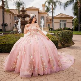 Roze lieverd Quinceanera -jurken baljurk voor zoete meisjes applique 3dflowers vestidos de xv anos kralen verjaardag prom jurk