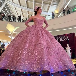 Rose chérie Quinceanera robes robe de bal hors de l'épaule Tulle dentelle perles cristal gonflé mexicain doux 16 robes 15 Anos