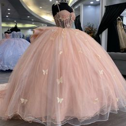 Pink Sweetheart Shiny Ball Gown Princesa Vestidos de noche Mariposa Flower Bow Prom Vestidos de fiesta formales Sweet 16 Quinceanera Dress