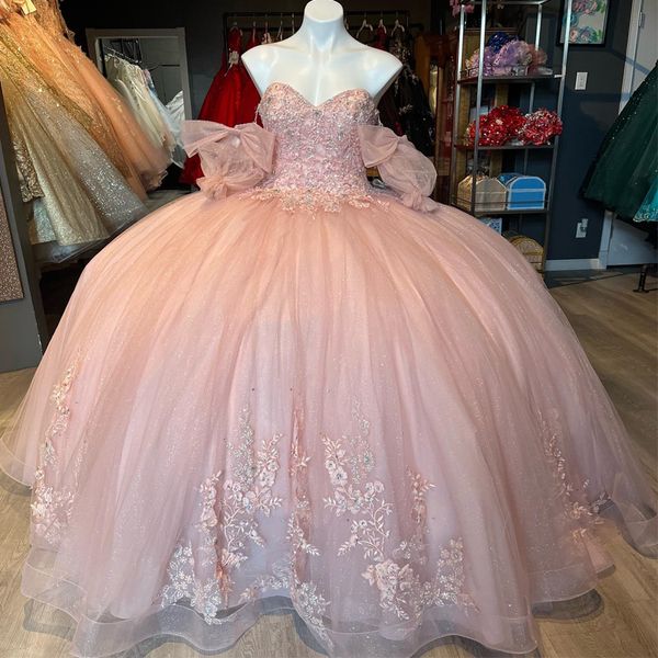 Vestido De fiesta brillante con escote corazón rosa, vestido para quinceañeras, apliques De cuentas De encaje, corsé De tul dulce 16, Vestidos De 15 anos