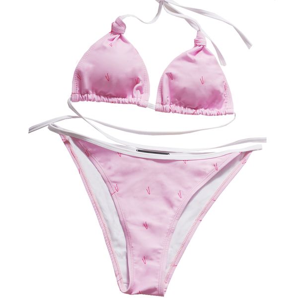 Traje de baño rosa, conjunto de Bikinis con estampado de letras para mujer, bikinis sexis de tres puntos, traje de baño de verano con cordones y cuello Halter, traje de baño de primavera caliente