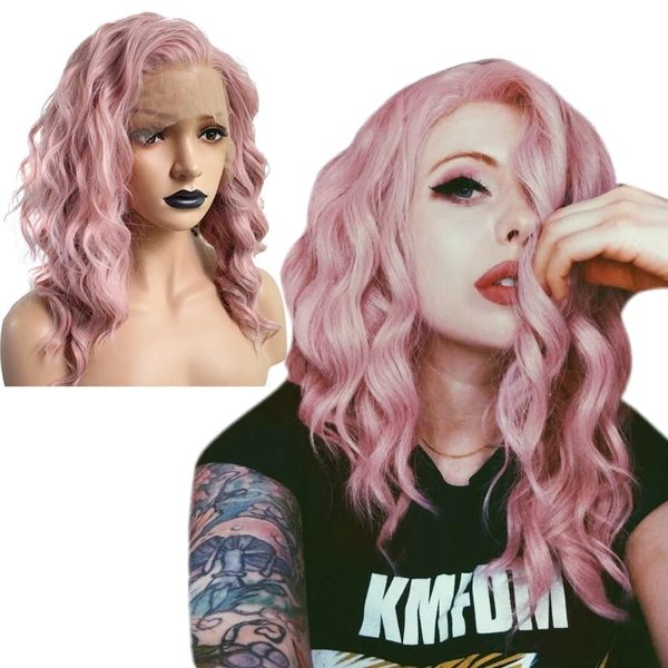 Perruque Lace Front Wig synthétique rose haute température Fiber courte vague profonde perruques de cheveux pour les femmes blanches avec partie libre