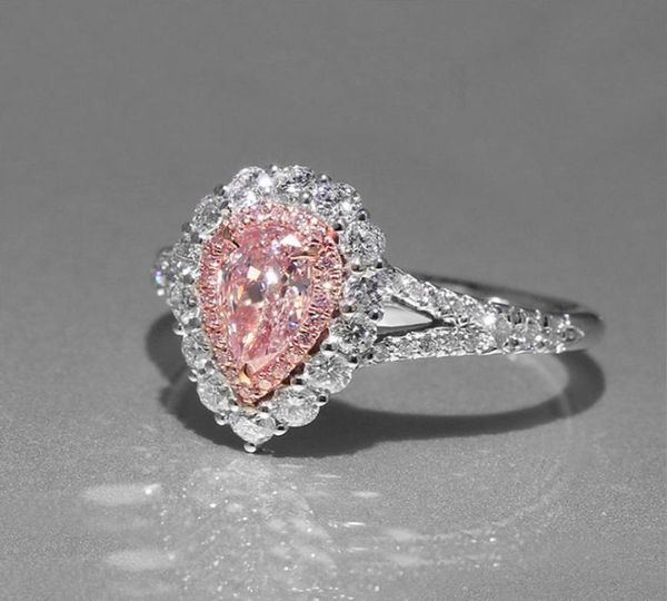 Pink Teardrop CZ Diamond Wedding Gift ANILLO 925 Chapado en plata esterlina Gotas de agua Anillos de compromiso Caja al por menor para mujeres 3269538