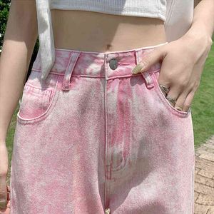 Pink Tie Dye Wide Blowjob Jeans Mujeres Novedad de verano Pantalones largos rectos sueltos y delgados de cintura alta Ins Tij Mujer L220726