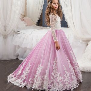 Robes de concours de filles en bas âge rose robes de bal bijou manches longues robe de soirée formelle pour enfants robes de fille de fleur pour les mariages robes de filles de fleurs