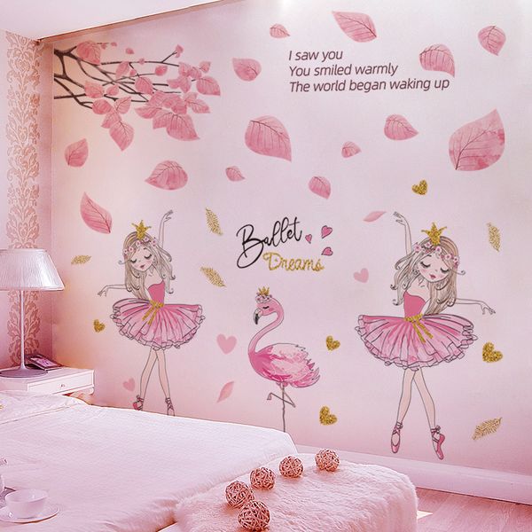 Pegatinas de pared de hojas de árbol rosa, decoración DIY para chica de Ballet, calcomanías de pared de flamencos para niños, dormitorio, habitaciones de bebé, decoración del hogar