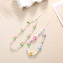 Pink Tulilip Flower Beded Phone Chain Girl Téléphone Pendre Universal Mobile Phone Phone Accessories Supplies For Huawei pour iPhone