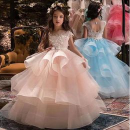 Pink Tull perle applique princesse fleur robes de fille en perles de concours
