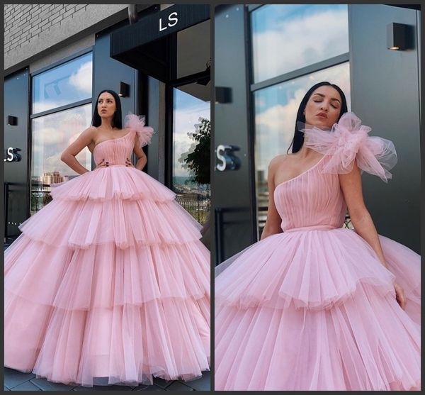 Vestido de fiesta de tul rosa Vestidos de fiesta largos 2019 Paolo Sebastian Vestidos formales de un hombro Vestidos de noche de talla grande