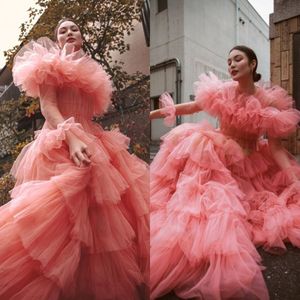 Roze tule avondjurken tiered ruches formele prom jurken runway mode slanke photoshoot jurk formele slijtage