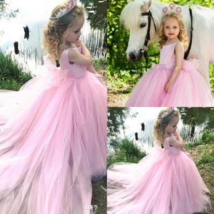 Roze Tule Flowers Meisjes Jurken Jewel Puffy Princess Pageant Country Jurken voor Trouwavond Bruidsmeisjes Jurk Eerste Communie Town