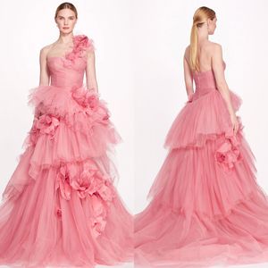 Roze tule prom jurken handgemaakte bloemen een schouderavond feestjurk op maat gemaakte speciale gelegenheid jurken