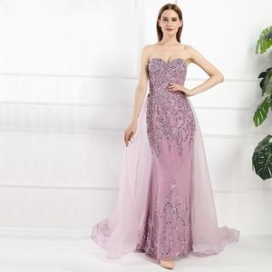 Roze Tule Prom Formele Sweetheart Floor Beading Sequin Party Dress