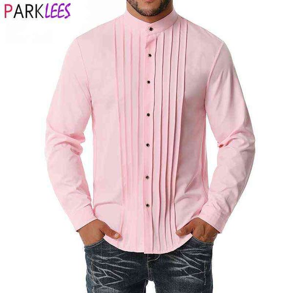 Camisa de esmoquin rosa para hombre 2020, camisas de vestir con cuello de banda a la moda para hombre, fiesta de boda, cena de graduación, Camisa Formal elegante Masculina 2XL G0105