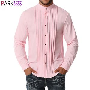 Roze Tuxedo Shirt Mannen Mode Banded Collar Mens Jurk Shirts Huwelijkspartij Prom Diner Formele Elegante Camisa Masculina 2XL 210522