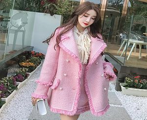 Veste en tweed rose automne hiver femmes039s veste manteau perle boucle frangée petite parfum dans le long manteau 2010144220895