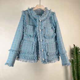 Dames 2024 Leer en herfst Frans nieuwe ronde nek dikke tweed Tweed Tassel veelzijdige beroemdheid kleine geurige jas voor vrouwen 201017