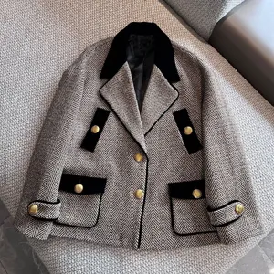 G245 Blazer de lana de alta calidad para mujer, chaqueta Vintage con estampado de espiga de estilo inglés y bolsillos, abrigo con solapa de un solo pecho, otoño
