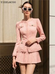 Costume veste et jupe en Tweed rose pour femme, ensemble professionnel amincissant, à la mode, classique, 2 pièces, automne-hiver, 240109