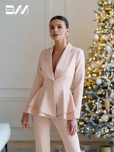 Roze Tweedelige Flare Vrouwen Pak Set Blazer Broek Effen Formele Bruiloft Jurk Dragen Kantoor Zakelijke Outfit Plus Size 240124