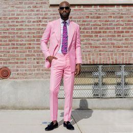 Roze twee stukken herenpakken piek Revers Mannelijke smoking voor bruiloft blazers slim fit bruidegom dragen zijopening prom jassen met broek