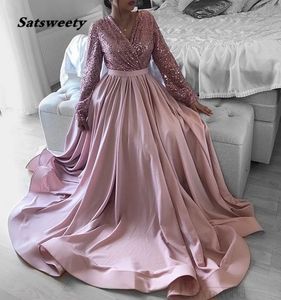 Roze v-hals lange mouw formele jurk vrouwen elegante sequin lijfje satijn rok a-line plus size avondjurken robe soiree dubai