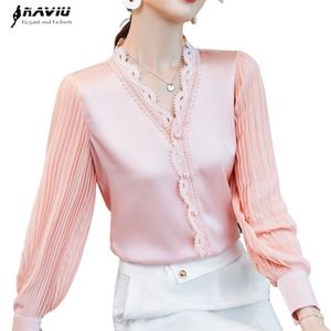 Roze v-hals shirt vrouwen herfst kant bladerdeeg mouw high-end mode temperament design zijde blouses kantoor dames formele werk tops 210323