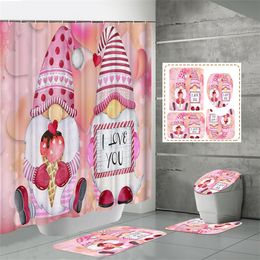 Rideaux de douche roses pour la saint-valentin, Gnomes, pour salle de bain, cœurs d'amour, arbre, rideau de bain de ferme rose