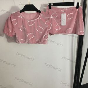 Roze fluwelen tweedelig jurk dames t -shirt bijgesneden tops korte rok vol jacquard jurken