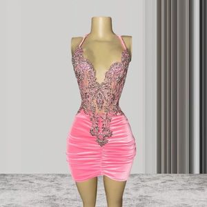 Vestidos de cóctel de regreso a casa africanos con cuello Halter para mujer de terciopelo rosa, vestidos formales para fiesta de cumpleaños, vestidos cortos negros para graduación para niñas