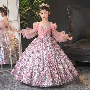 Pink Vintage Flower Girls Robes Baby Infant Toddler Baptême Vêtements à balles paillettes Robe Princess Puff Sleeve Bling Bling Birthday Robes 403