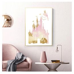 Roze waterverfkunst canvas schilderen foto Noordse poster dochter geschenk kinderdagverblijf muur decor prinses kasteel sprookje print woo