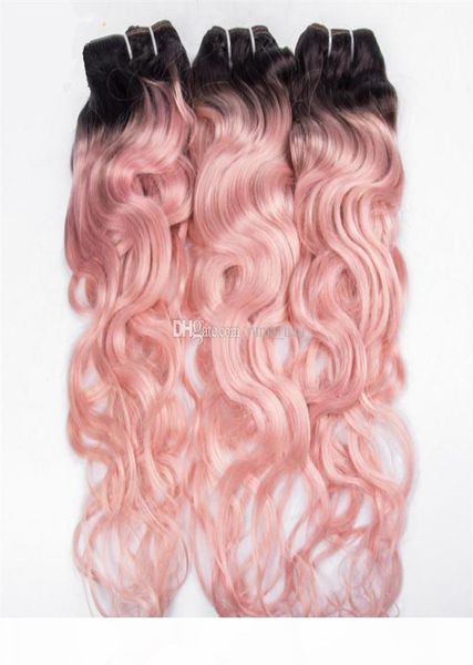 Paquetes de cabello humano virgen peruano ondulado rosado Dos tonos 1b Tejido de cabello rosa Ombre Trama de cabello rizado de onda profunda 3 piezas Lot4264140