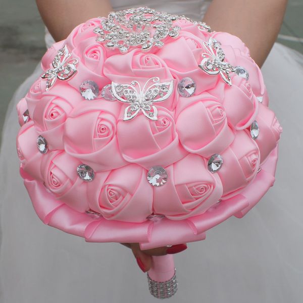 Boda rosada Ramos de novia Flores hechas a mano Dulce 15 Ramos de quinceañera Perlas Cristal Rhinestone Rosa Broche nupcial W195i